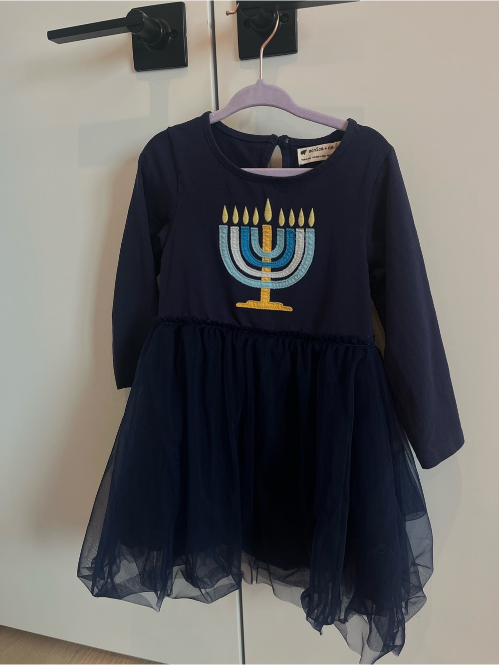 4t Girls Hanukkah Navy Tulle Dress with Menorah Embroidery